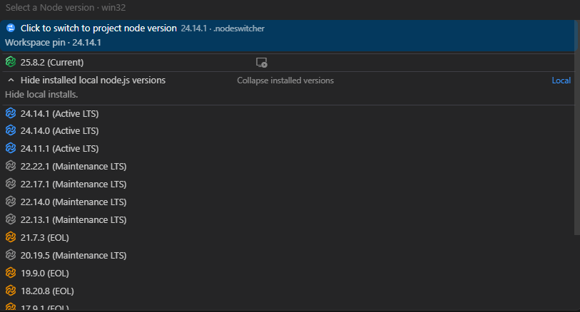 NodeSwitcher version picker dropdown in VS Code