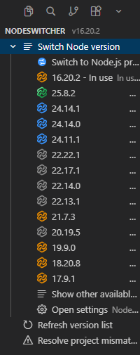 NodeSwitcher sidebar with installed Node versions