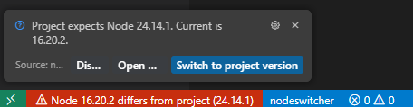 NodeSwitcher project Node version mismatch in the status bar