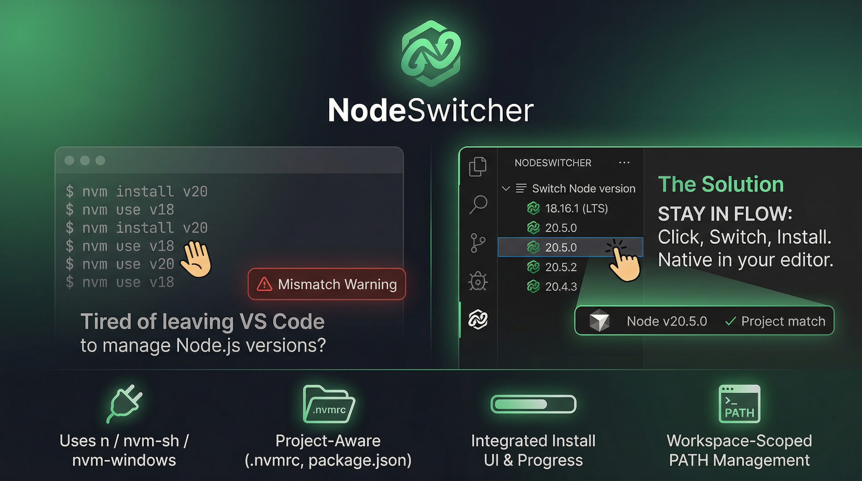 NodeSwitcher — switch Node from the status bar and sidebar in VS Code